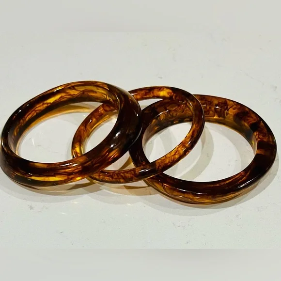 Vintage Tortoiseshell Lucite Bangle Trio | Bold Marbled Stacking Set | 1990s - Picture 15 of 16